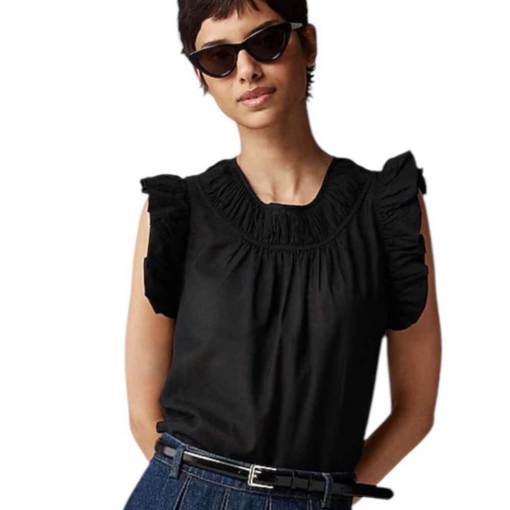 NEW‎ J. CREW Gathered ruffle-sleeve top in cotton-blend voile Black Size Small